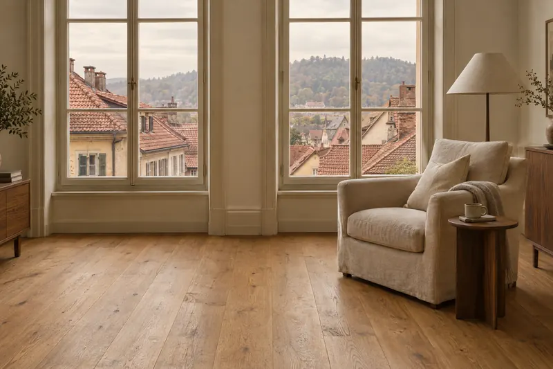 Wohnung im Altbau mit Eichenboden und Blick über Ziegeldächer einer Kleinstadt